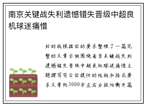 南京关键战失利遗憾错失晋级中超良机球迷痛惜